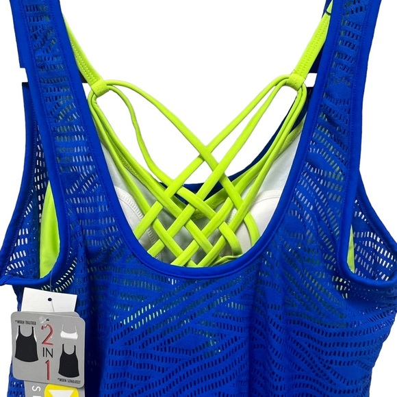 NWT GO by Gossip Sporty Splice Tankini Small Swimsuit Top Sports Bra Blue Lime - Picture 10 of 16